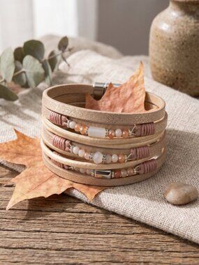 Vegan Leather Wrap Bracelet Champagne Multi Strand Beaded Magnetic Clasp 7.5"